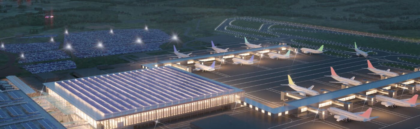 Aerial view of an airport at nighttime