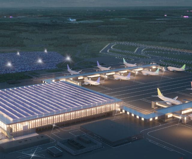 Aerial view of an airport at nighttime