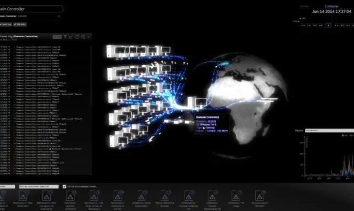 image of a globe attached to multiple computer screens, with code in the background