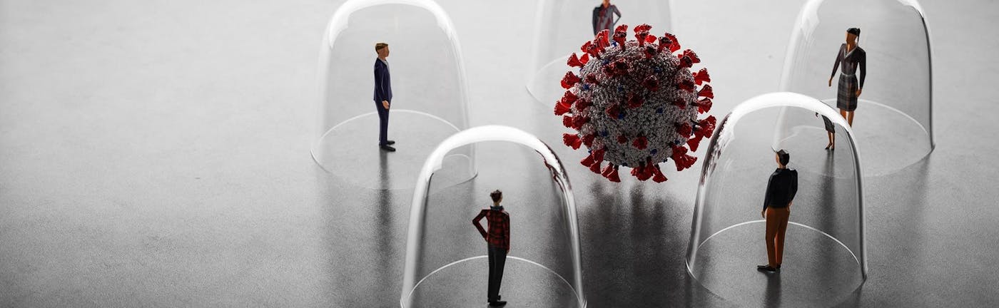 Image of a coronavirus molecule, surrounded by individual people each inside a glass dome