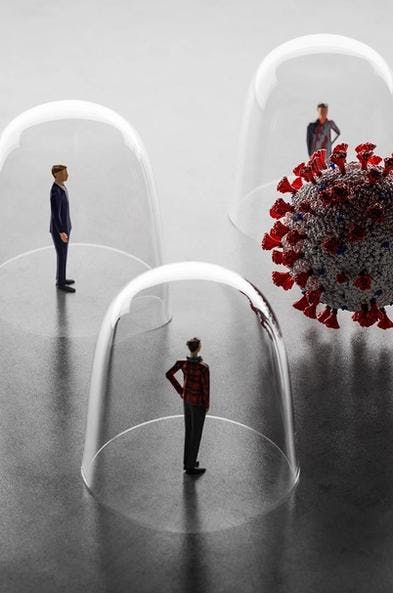 Image of a coronavirus molecule, surrounded by individual people each inside a glass dome